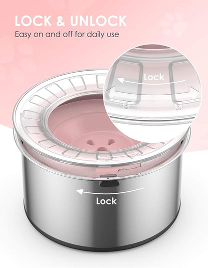 Heouvo 1 Gallon No Spill Dog Water Bowl with Slow Drink Floating Disk(Pink) | Splash-Proof Lid + Stainless Steel Bowl/Rubber Bottom/Slobber Stopper Water Bowl for Large Sloppy Messy Drinkers Reduce Mess