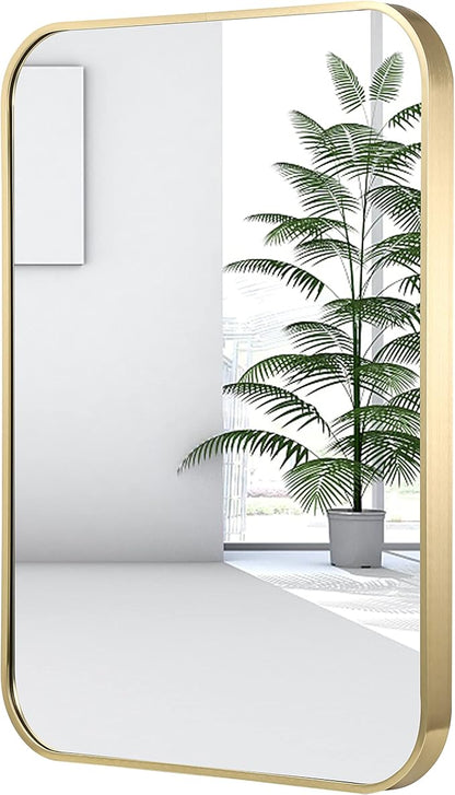 24x36 Inch Gold Bathroom Mirror, Brushed Gold Metal Framed Rectangular Mirror