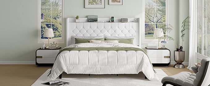 SHA CERLIN King Size Platform Bed Frame with Charging Station, Velvet Wingback Headboard with Storage Shelf, Wooden Slats Support, Ample Under-Bed Space, No Box Spring Needed, Easy Assembly, White