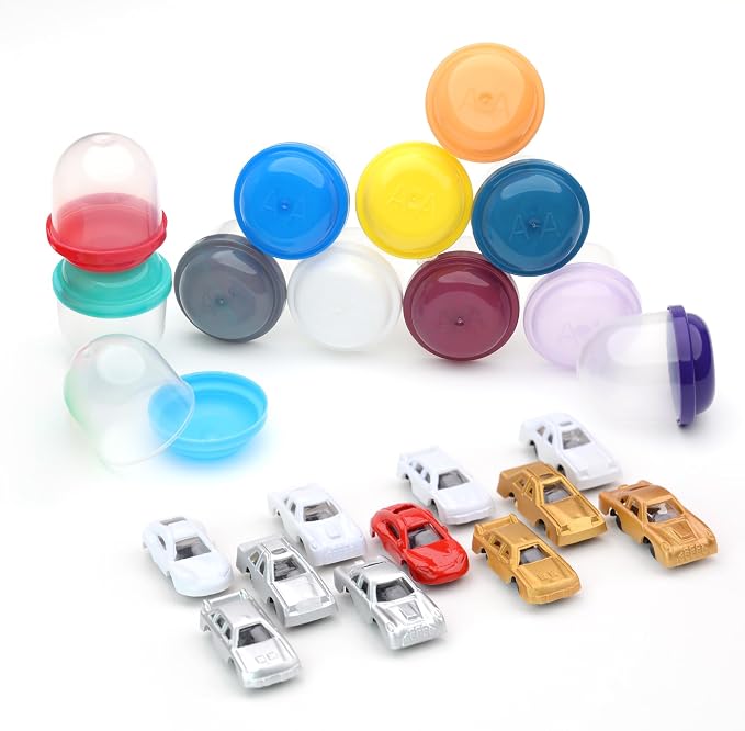 Racing Car Toys in Capsules - 50 Pcs - 1.1 Inch Plastic Capsules with Mini Racing Cars Toys for Kids inside - Bulk Easter Basket Stuffers Classroom Prizes