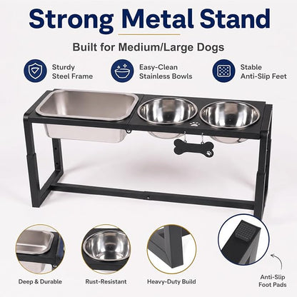 Metal Elevated Dog Bowls for Medium/Large Breed, 3 Adjustable Height(8.8''/11.5''/14'') Raised Dog Bowl Stand with Two 58oz & One 1.2gallons Large Stainless Steel Dog Food Water Bowls