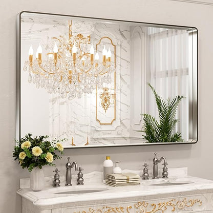 LOAAO 60X40 Inch Brushed Nickel Bathroom Mirror, Rounded Rectangle Silver Metal