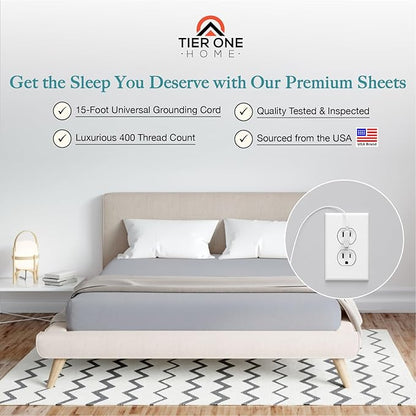 Tier One Home Fitted Grounding Sheets for Earthing, 5% Silver Fiber + 95% Certified Organic Cotton for Better Sleep and Pain Relief. Deep Pockets. Includes Grounding Wristband & Cords (Full)