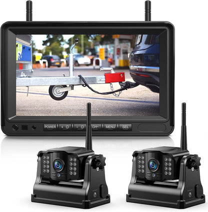 eRapta Magnetic Wireless Backup Camera Kit with HD1080P 7??DVR Monitor, Dual RV/Trailer/Truck/Tractor Cameras Wireless System, No Wiring, 9600mAh Rechargeable Battery, IR Night Vision-ACT702