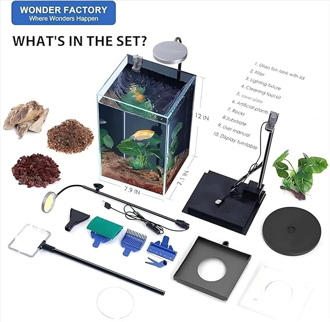 Nano Desktop Betta Aquarium 2.7 Gallon Glass Fish Tank Set, Hidden Bottom Filtration System Self Cleaning Filter Light Gravel Plant Cleaning Tool, for Small Space Easy Setup Space-Saving Design
