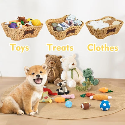 Wicker Basket for Pet Toys, 2 Pack Stylish and Natural Dog and Cat Toy Basket, Dog Storage Organizer with Bone Shape