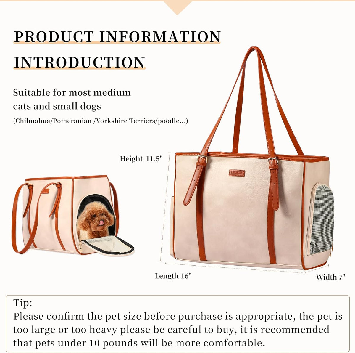 Fashion Dog Purse Pet Carrier Leather Bag for Small Dogs Cats Puppy, Portable Tote Bag Airline Approved Soft-Sided Carriers (Beign)