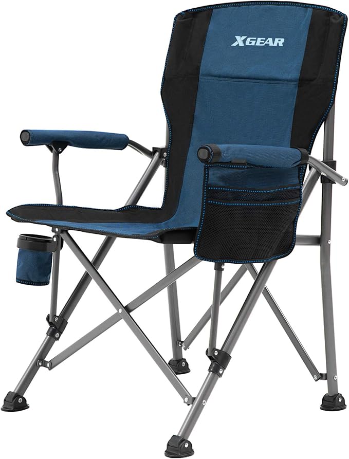 XGEAR Camping Chair Hard Arm High Back Lawn Chair Heavy Duty with Cup Holder, for Camp, Fishing, Hiking, Outdoor, Carry Bag Included