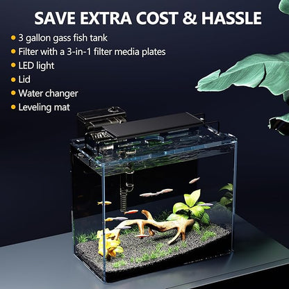 3 Gallon Fish Tank Aquarium Kit with Heater, HOB Filter, LED Light with Timer, Lid, Siphon Vacuum Cleaner, Self Cleaning Glass Rimless Betta Tank