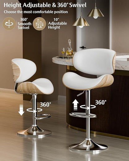 Aowos Bar Stools Set of 2, Adjustable Swivel Leather Bar Stools for Kitchen Island, Mid Century Modern Counter Height Bar Chairs Barstools with Back & Footrest (Cream White)