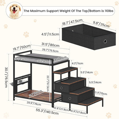 Dog Window Perch with 360° & Adjustable Raised Feeder, Pet Bunk Bed with Removable Stair and 2 Drawers, Elevated Platform Bed, Pet Elevated Seat with Cushion, Paw-Friendly Ladder