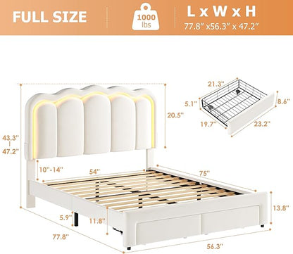 Full Upholstered LED Bed Frame with 2 Storage Drawers and Adjustable Chic Double Wavy Headboard, Velvet Princess Platform Bed with Charing Station, Solid Wood Slats Support,No Box Spring Needed,Beige
