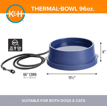 K&H Pet Products Thermal-Bowl Heated Water Bowl for Cats & Dogs Outside, Safety Listed Outdoor Heated Dog Dish for Pets, Automatic No Freeze, Anti Chew Cord - 96 Ounces Blue 25W | Outdoor Water Stays Unfrozen In Winter. Outdoor Heated Dog Dish for Pets...