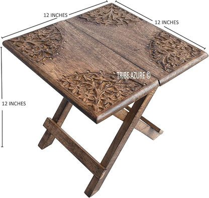 Small Altar Table for Meditation, Puja, Wiccan, Buddhist Practices - Wooden Low Side Table, Japanese Tea Table, Folding Dragon Design With Floral Pattern