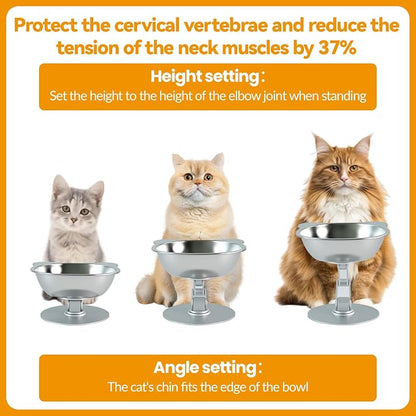 BEAVE NIUNIU Adjustable Elevated Cat Bowl Single Stand Tilted Feeder | 330ml Wide SS Bowl, 7.9in Max Height, Ergonomic Feeder for All Cats & Small Dogs