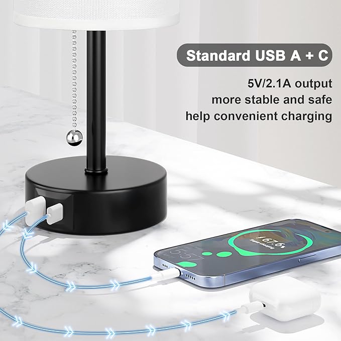 White Bedside Lamps for Bedroom Set of 2 - Nightstand Table Lamp with USB A + C Charging Port, 3 Color Temperatures Pull Chain Night Stand Light, Side Table Desk Reading Lamp for Living Room/Dorm