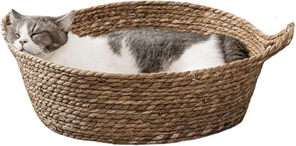 Cat Bed, Straw Woven Cat Baskets Bed, Round Wicker Cat Basket Nest, Non-Slip Cozy Kitten Bed for Cats Small Dog (Only Nest,Small)