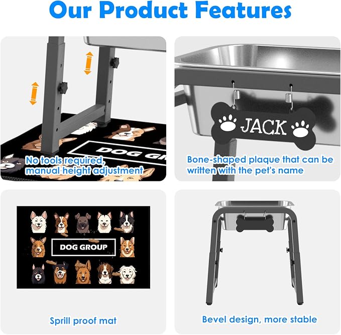 1.2 Gallon Elevated Dog Water Bowl, Height Adjustable (11–17'') Raised Stainless Steel Bowl with Spill-Proof Mat & Sturdy Metal Stand, Tip-Proof, Easy to Clean, Indoor & Outdoor Use