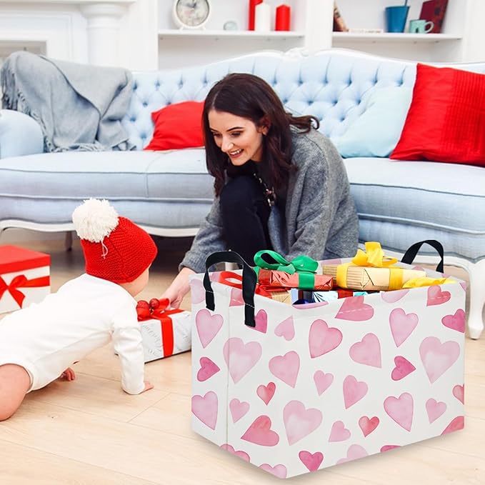 Rectangular Pink Valentine's Day Gift Basket,nursery basket,Pink girls gift baskets,kids toy storage Bin, Love Heart Room Decor for Home,Shelf Baskets(Pink love)