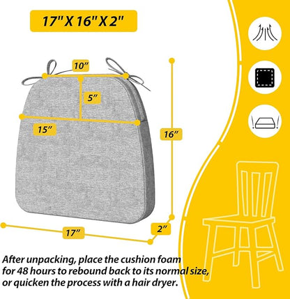 AAAAAcessories D-Shaped Chair Cushions, 2" Thick Dining Chair Pads with Ties and Removable, Machine-Washable Cover, 17" x 16", Set of 4, Light Gray
