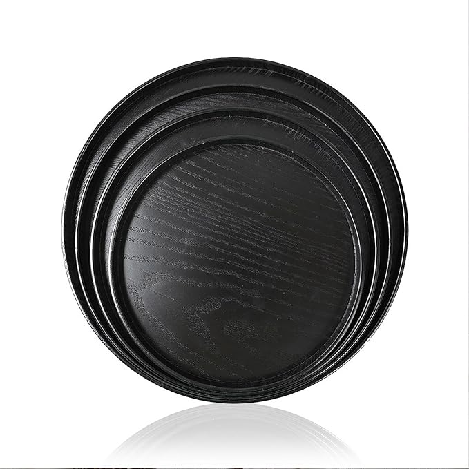 Round Wood Serving Tray, Solid Wooden Decorative Tray Non-Slip Tea Coffee Table Tray Snack Plate Food Meals Serving Tray with Raised Edges for Home Decor Kitchen Restaurant(10.6inch, Black)