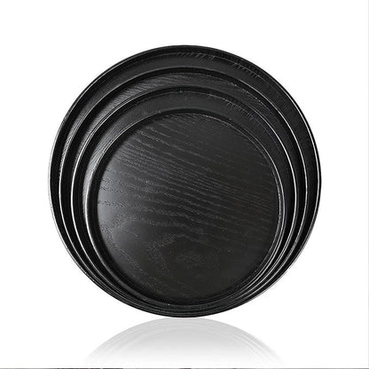 Round Wood Serving Tray, Solid Wooden Decorative Tray Non-Slip Tea Coffee Table Tray Snack Plate Food Meals Serving Tray with Raised Edges for Home Decor Kitchen Restaurant(10.6inch, Black)