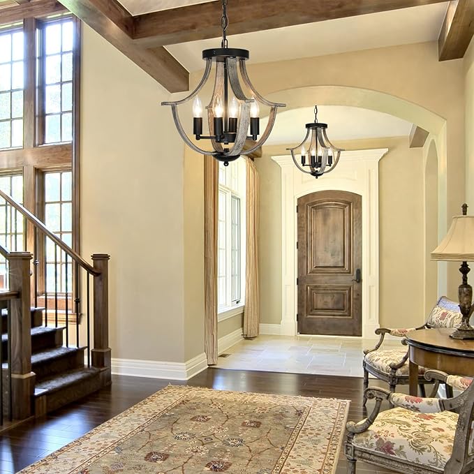 Farmhouse Chandelier, Modern Hanging Pendant Lighting, 4-Light Rustic Flush Mount Ceiling Light Fixture,Faux Wood Vintage Chandelier for Dining Room Kitchen Island Foyer Hallway Entryway Bedroom
