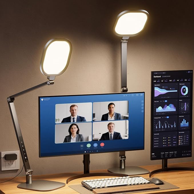 LED Desk Lamp for Home Office, 15W Desk Light with CRI >95, Memory & Timer Function, 1200LM Dimmable Computer Light for Video Calls, Conference, Reading, Study (Black-2packs)