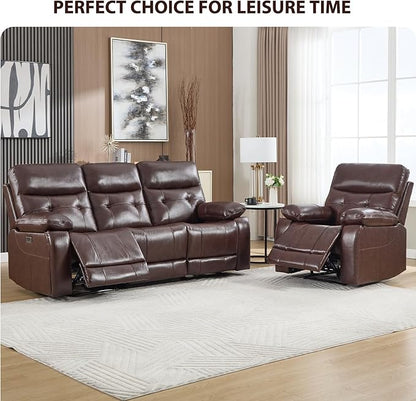 CANMOV Genuine Leather Power Recliner Sofa Set,Power Recliner Chair and Sofa Set, 2 Pieces Leather Couch with Storage Console, USB Ports, Cup Holders for Living Room,Dark Brown