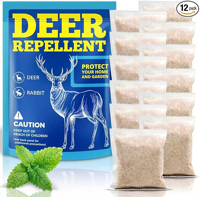 Deer Repellent 12 Pouches, Rabbit Repellent Outdoor for Plants, Natural Deer Deterrent Keep Deer and Rabbit Out of Garden Yard, Powerful Deer Repellent for Orchard Plants Trees Vegetables Flowers
