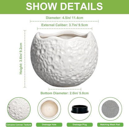 4 Inch Plant Pots - Ceramic Pots for Plants with Drainage Hole, Small Planter for Indoor Outdoor, Unique Succulent Pot, Decorative Modern Round Planter, Desk Decor, Plant Lover Gifts, White