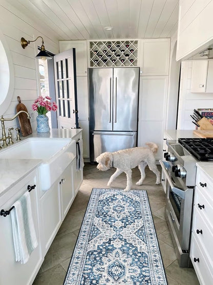 Moynesa Ultra-Thin Washable Runner Rug - 2x6 Blue Laundry Room Rug Washable Kitchen Runners Bathroom Carpet Runner, Oriental Printed Pet Friendly Hallway Runners for Bedroom Entrance Entryway RV