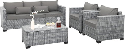 4 Piece Wicker Patio Furniture Sets Outdoor Conversation Set PE Rattan Sectional Sofa Couch with Storage Table and Grey Cushions