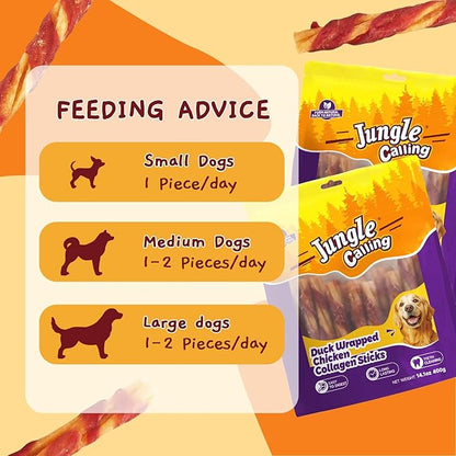 Jungle Calling Dog Treats, Duck Wrapped Chicken Collagen Sticks for Small Medium Dogs, Digestible Rawhide Alternative Dog Chews, Dental Bones for Teeth Cleaning, Like Bully Sticks, Less Smell, 14.1oz