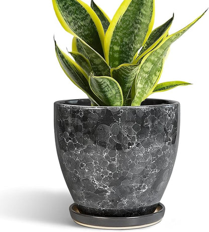Ceramic Pots for Plants - 6 Inch Ceramic Planter with Drainage Hole and Saucer, Modern Planters for Indoor Outdoor Plants, Round Planter, Home Garden Decor, Plant Lover Gifts, Grey