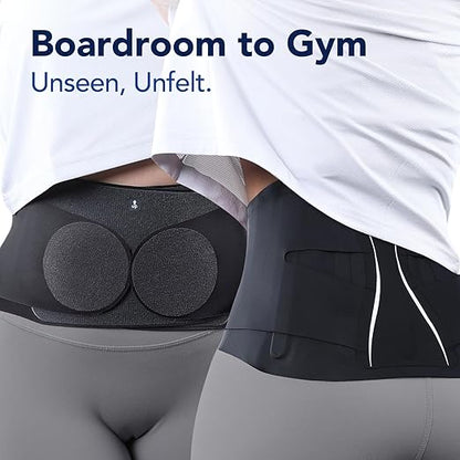 Fitomo Ultra Thin Back Brace for Women Men, Seamless Yoga Fabric for All Day Comfort, Slim-Fit, Wear under Clothes, Removable Lumbar Pad for Lower Back Pain, Sciatica, Posture, Lifting, Black, Size M