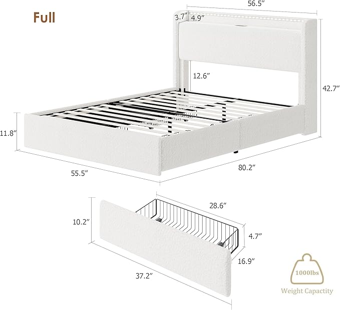 Full LED Bed Frame with 4 Storage Drawers and Storage Headboard, Soft Boucle Upholstered Platform Bed Frame with Charging Station and USB Ports, Solid Wood Slats Support, No Box Spring Needed, White