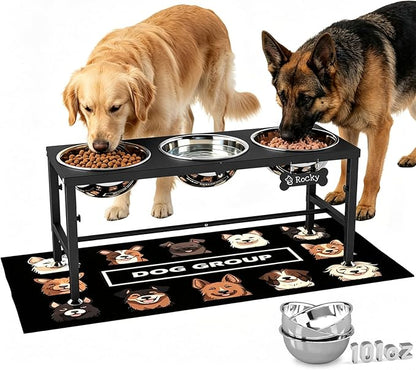 Extra Large Elevated Dog Bowls, 4 Adjustable Height with Three 101oz/3000ml Large Stainless Steel Bowls and Splash pad, Raised Dog Bowl Stand for Large and Extra Large Breeds