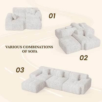 122" L Shaped Convertible Modular Couch, Cloud Couch Sectional with Ottoman, 4-Seater Chenille Boneless Couches for Living Room, Apartment, No Assembly, Beige 1PCS