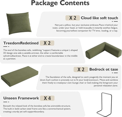 79 Inch 5-in-1 Convertible Sofa Bed, Corduroy Boneless Floor Couch with Fixed Frame & Pillow, Modular Folding Mattress Lounger for Small Space, Living Room, Bedroom - Easy Assembly(LIGHT GREEN)