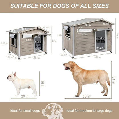 Outdoor Dog House with Chew-Proof Iron Frame, Wooden Dog Kennel Weatherproof，Removable Floor, Adjustable Vent Window, Easy Assembly for Medium and Small Dog, 30" L x 21" W x 24" H