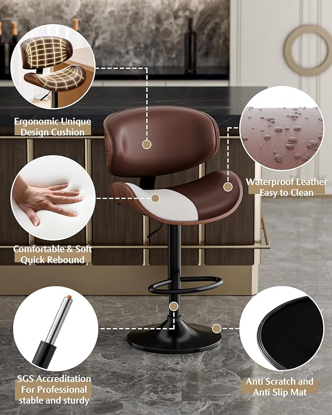 Aowos Bar Stools, Adjustable Swivel Barstools for Kitchen Island, Mid Century Modern Leather Upholstered Counter Height Bar Chairs with Back & Footrest (Brown 1PCS)