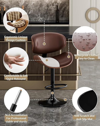 Aowos Bar Stools, Adjustable Swivel Barstools for Kitchen Island, Mid Century Modern Leather Upholstered Counter Height Bar Chairs with Back & Footrest (Brown 1PCS)