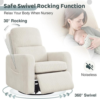 AEMEIOS Swivel Rocker Recliner, Oversized Manual Nursery Glider Rocking Recliner Chair with Removable Cushion, Upholstered Swivel Reclining Chair for Nursery Living Room Bedroom, Corduroy White