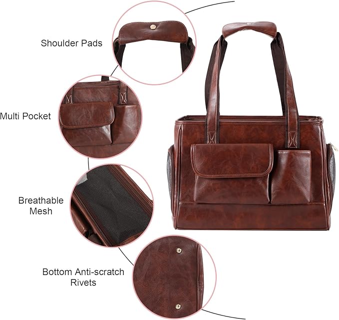 Dog Carrier Purse, Fashion Leather Pet Carrier Bag, Airline Approved Soft Sided Cat Travel Tote Bag with Pockets Coffee