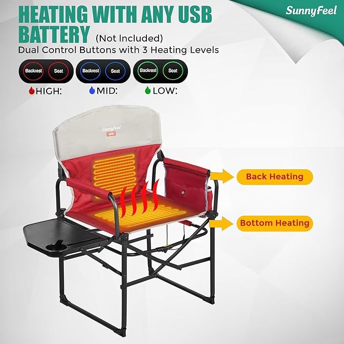 SUNNYFEEL Heated Camping Directors Chair, Heavy Duty,Oversized Portable Folding Chair with Side Table, Pocket for Beach, Fishing,Trip,Picnic,Lawn,Concert Outdoor Foldable Camp Chairs