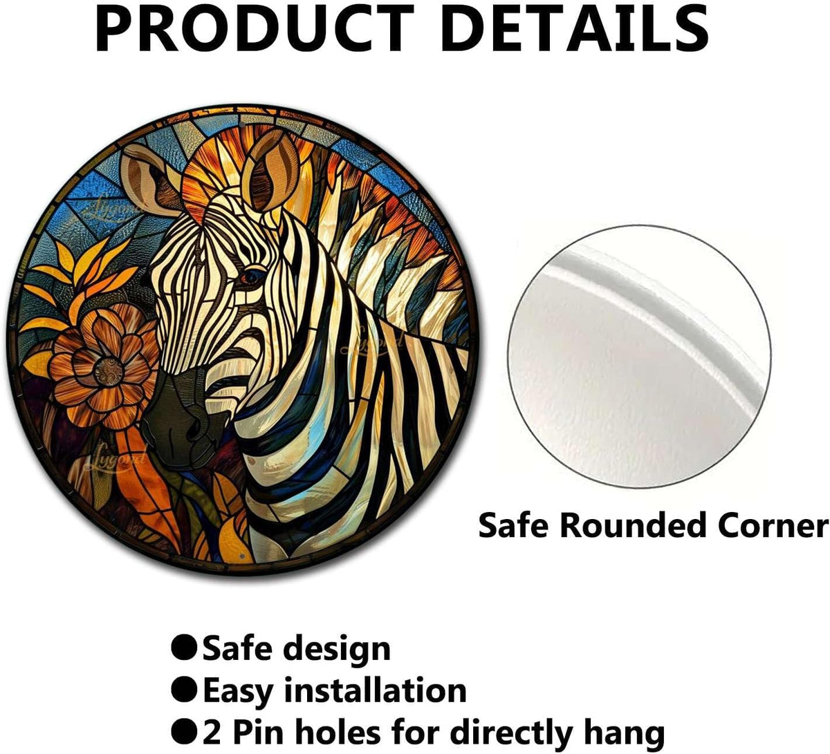 Lygond Metal Sign Tin Sign Circular Stained Glass Zebra Boho Office Decor for Gift 8×8 Inches