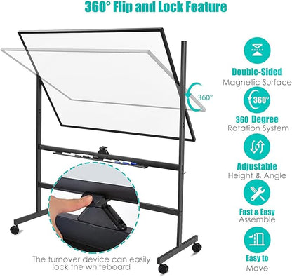 BIBOC 32x48 Inches Large Mobile Dry Erase Whiteboard with Rolling Stand - Double Sided Height Adjustable Whiteboard for Office, School- Aluminum Frame & Durable Writing Surface (48×32 inches)