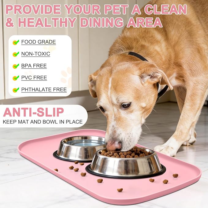 SMILOOL Waterproof Silicone Pet Food Mat with Raised Edge for Dog & Cat | 19" x 12" Non-Slip Pet Feeding Mats with Lip for Food & Water Bowl, Food Grade, Easy Cleaning, Sakura Pink