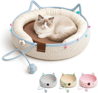 Handwoven Cotton Rope Cat Basket Bed with Hanging Ball Toy (Blue, Large) | cat bed, woven cat basket, kitten bed, small dog bed, cat toy ball, all season pet bed, washable cat cushion
